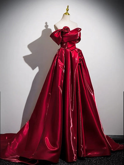 A-Line Satin Burgundy Long Prom Dress, Burgundy Long Formal Dress