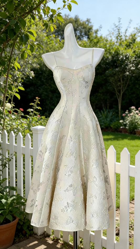 Champagne Jacquard Thin Spaghetti Strap Waist-Cinched Dress - Elegant Gown for Light Evening Events gh6959