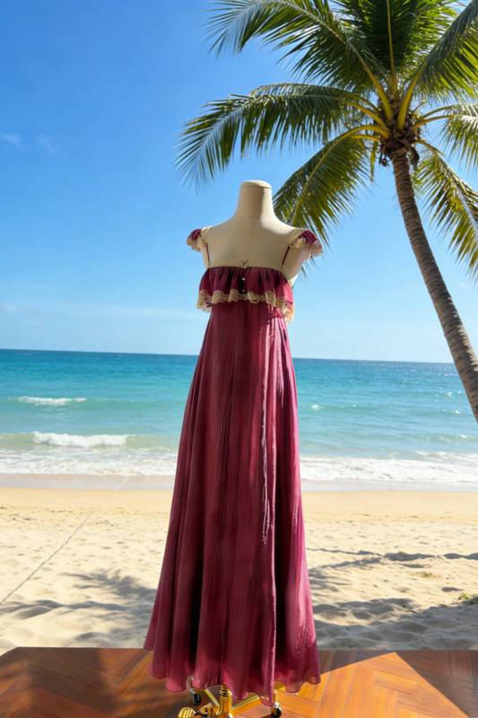 Fuchsia Chiffon Ruffle Lace Flutter Sleeve Gown - Vintage Ethereal Backless Maxi Dress gh6964