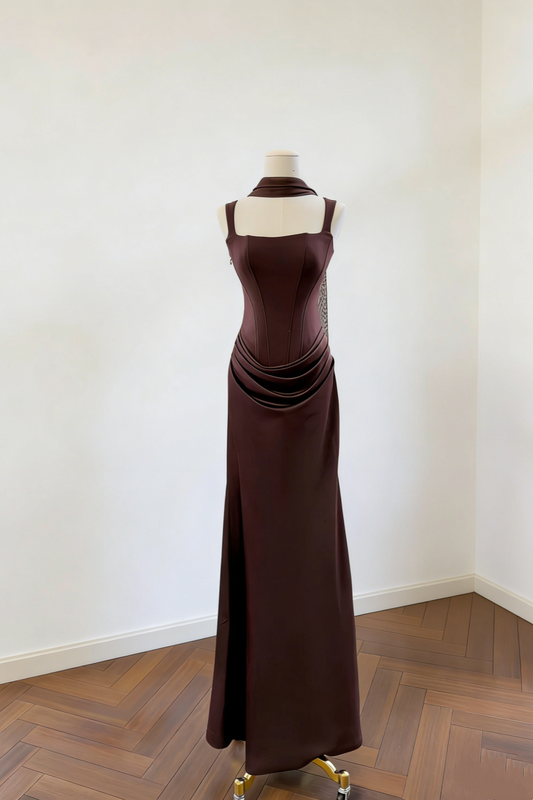 Dark Coffee Satin Lace-Up Sash Mermaid Dress - Vintage Socialite Style Cocktail Gown gh6963