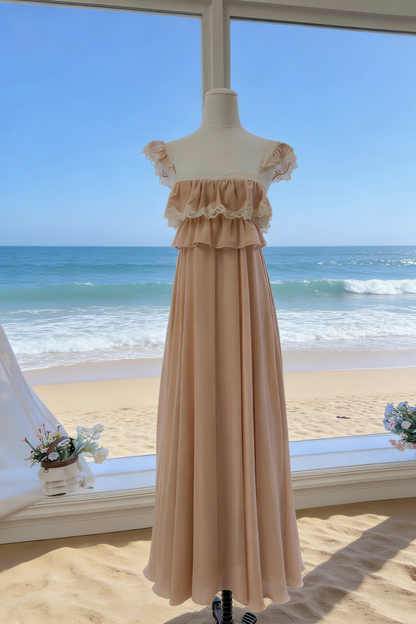 Blush Pink Chiffon Ruffle Lace Flutter Sleeve Gown - Vintage Ethereal Backless Maxi Dress gh6962
