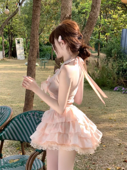 Vintage Pink A-Line Halter-neck Tiered Homecoming Dress Party Dress Cocktail Dress HZ1024