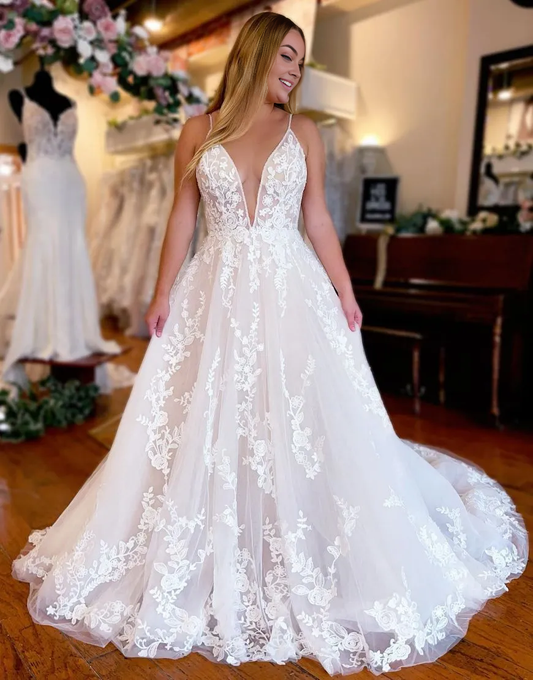 Aimishang V-Neck Wedding Dress A-Line Spaghetti Straps With Appliques