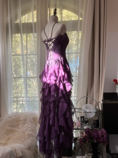 Romantic Purple Ruffle Chiffon Sleeveless Long Elegant Ball Gown Evening Dress Birthday Party Dress gh4270