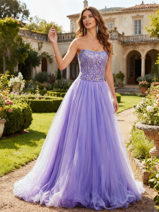 Strapless Sequin Corset Bodice Tulle Ball Gown Lilac