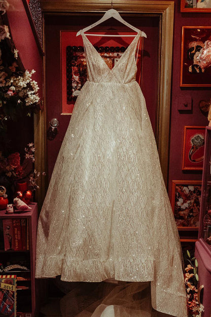 Sparkly Long V-Neck A-line White Wedding Dress with Slit