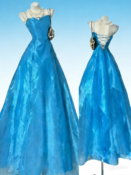 Fairy Core Bright Blue Fairy-Style Gown - Strapless Lace-Up Corset Ballgown Dreamy Maxi Dress gh6992