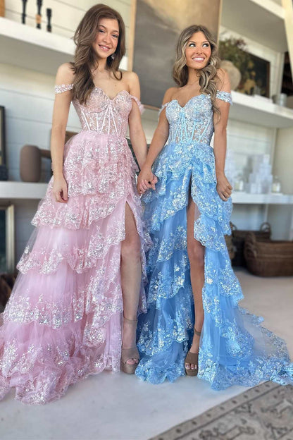 Sequins Sweetheart A-Line Tiered Long Prom Dress with Slit
