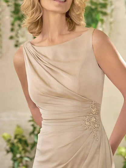 Sheath / Column Mother of the Bride Dress Elegant Jewel Neck Floor Length Chiffon Short Sleeve with Sash / Ribbon Ruching - RongMoon