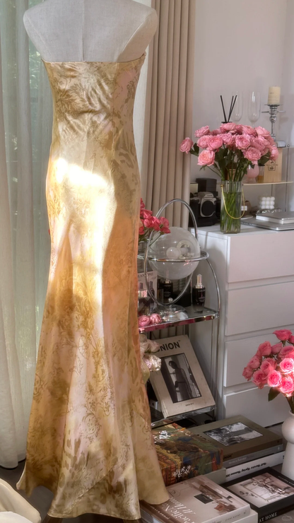 Retro Golden Strapless Floral Elegant Design A-line Beaded Romantic Chiffon Evening Dress Prom Dress HZ1024