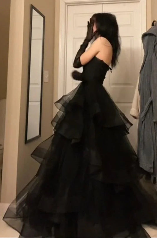 Black Aesthetic Ruffle Prom Dress Ball Gown Glam Dresses