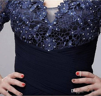 Navy Blue Mother Of The Bride Dresses A-line V-neck 3/4 Sleeves Chiffon Lace Beaded Groom Long Mother Dresses For Wedding - RongMoon