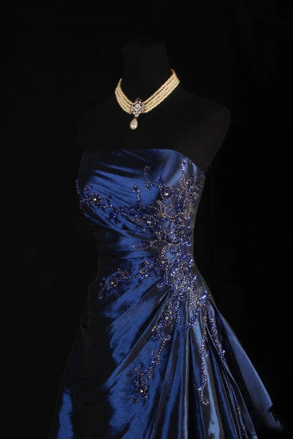 Vintage Ball Gown Strapless Navy Blue Satin Long Prom Dresses Party Dress SD1343