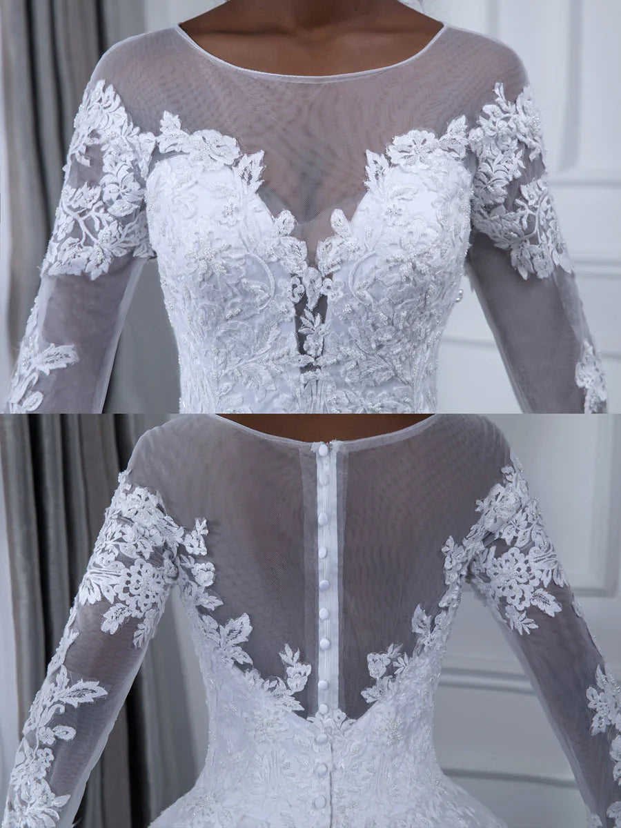 Pearl embellishment decal transparent collar long sleeved chiffon dance dress wedding dress
