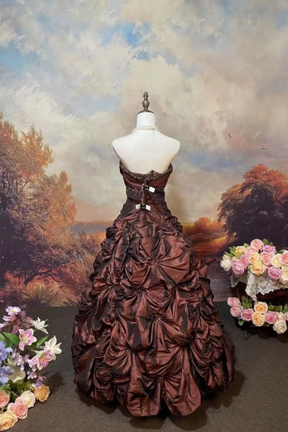 girlhomeshops-Brown Shimmering Long Satin Ball Gown gh6295