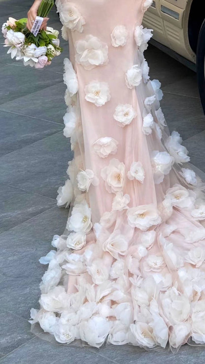 girlhomeshops-Pink Elegant Floral Long Tulle Mermaid Bodycon Ball Gown Wedding Dress gh5952
