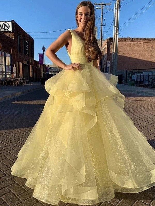Ball Gown Floor-Length V-neck Ruffles Sleeveless Organza Dresses - RongMoon