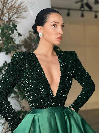 A-Line Sparkle Party Wear Formal Evening Dress V Neck Long Sleeve Floor Length Satin with Crystals Split - RongMoon