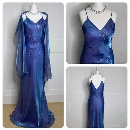 Blue fashion small V-neck exquisite floral beaded spaghetti strap fairy long satin floor-length small train chiffon ball gown evening dress party dress wedding guest dress graduation dress prom dress mother of the bride dress gh3981