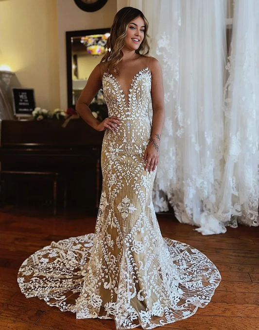 Aimishang Mermaid Wedding Dress Illusion Neckline Lace