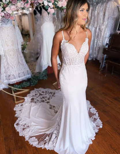 Aimishang Mermaid Wedding Dress Spaghetti Straps Stretch Satin With Appliques
