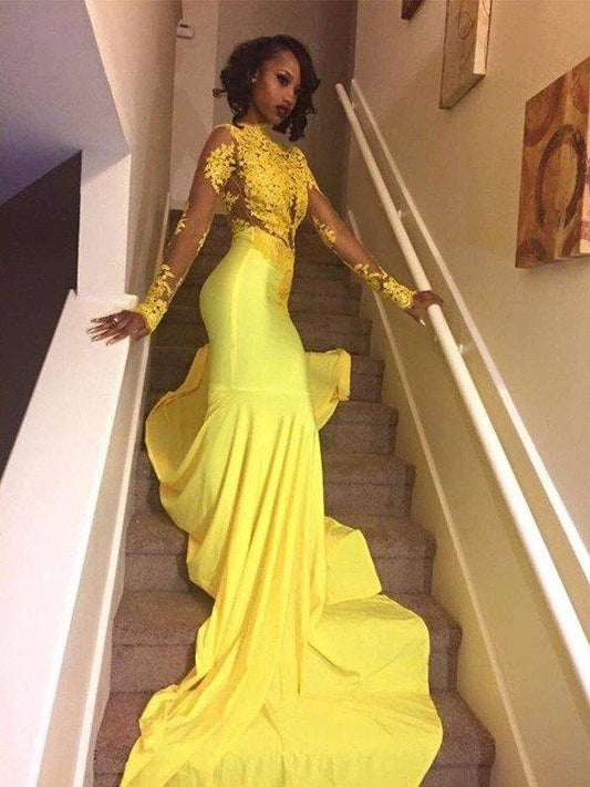 Trumpet/Mermaid High Neck Long Sleeves Sweep/Brush Train Applique Satin Dresses - RongMoon