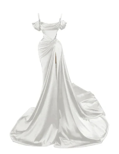 Elegant Mermaid Spaghetti Strap Prom Dress Pleated High Slit Evening Gown Party Dress Long Formal Dress HZ1024
