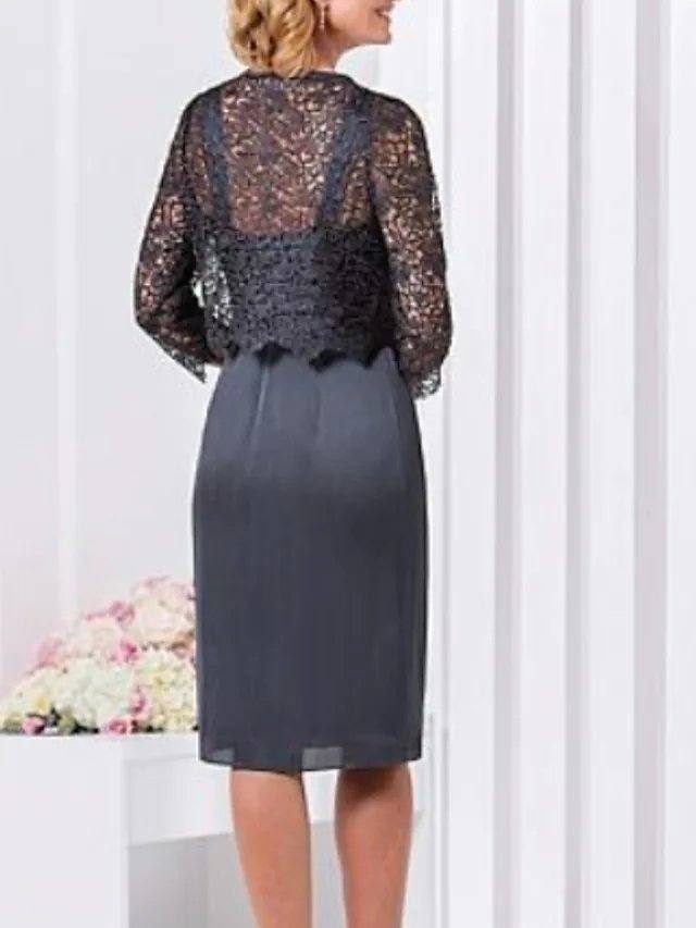 Two Piece Mother of the Bride Dress Plus Size Sweetheart Neckline Knee Length Lace Charmeuse 3/4 Length Sleeve with Lace Appliques - RongMoon