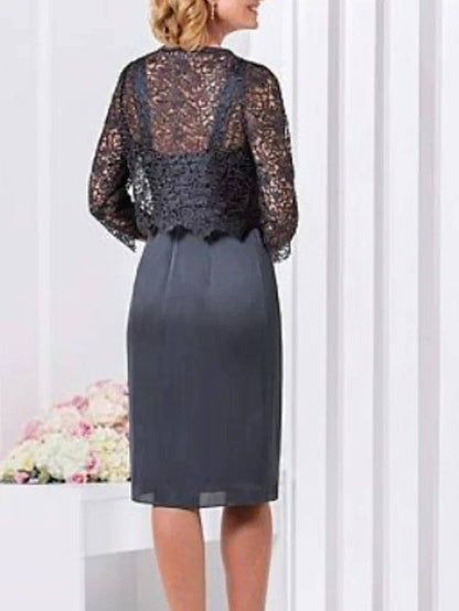 Two Piece Mother of the Bride Dress Plus Size Sweetheart Neckline Knee Length Lace Charmeuse 3/4 Length Sleeve with Lace Appliques - RongMoon