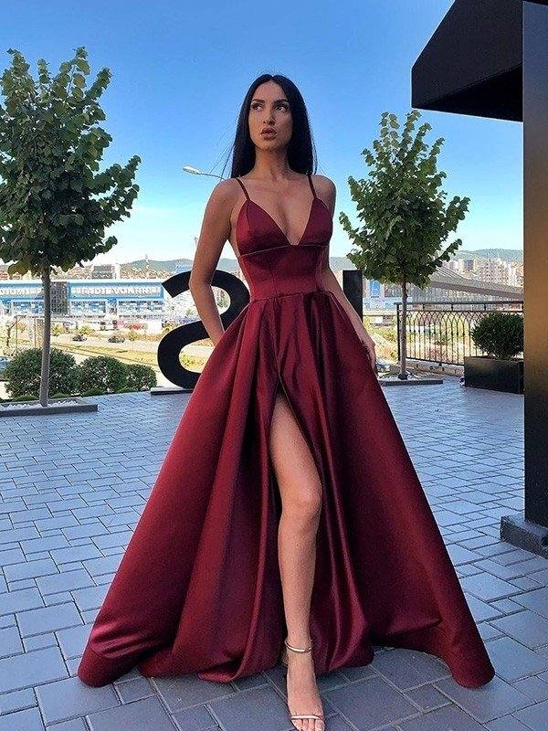 A-Line/Princess Ruffles Satin Spaghetti Straps Sleeveless Floor-Length Dresses - RongMoon