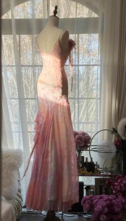 Vintage Pink Floral A-line Spaghetti Strap Irregular Hem Evening Dress Prom Dresses HZ1024