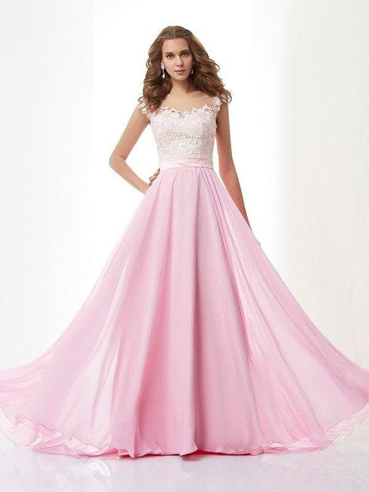 A-Line/Princess Straps Applique Sleeveless Beading Long Chiffon Dresses - RongMoon
