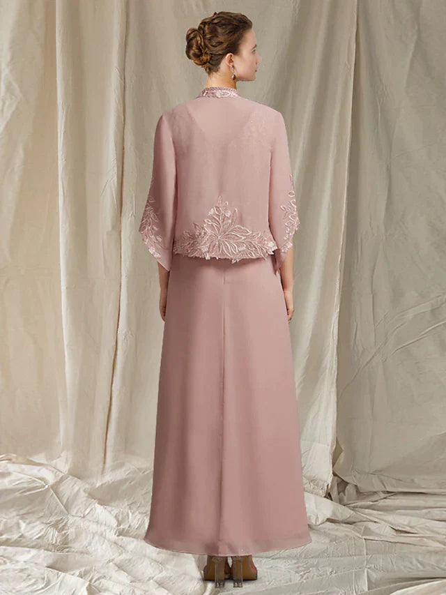 Mother of the Bride Dress Elegant Wrap Included V Neck Ankle Length Chiffon Lace Sleeveless with Beading Appliques