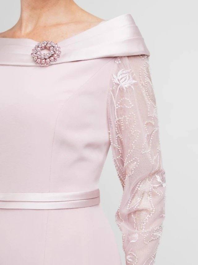A-Line Mother of the Bride Dress Elegant Jewel Neck Tea Length Lace Satin Long Sleeve with Pleats Beading - RongMoon