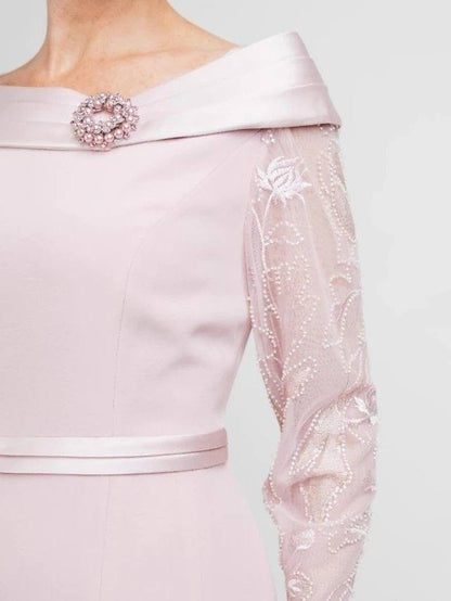 A-Line Mother of the Bride Dress Elegant Jewel Neck Tea Length Lace Satin Long Sleeve with Pleats Beading - RongMoon