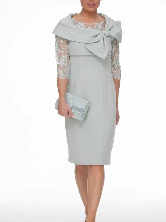 Sheath / Column Mother of the Bride Dress Elegant Jewel Neck Knee Length Chiffon Lace 3/4 Length Sleeve with Bow(s) Embroidery - RongMoon