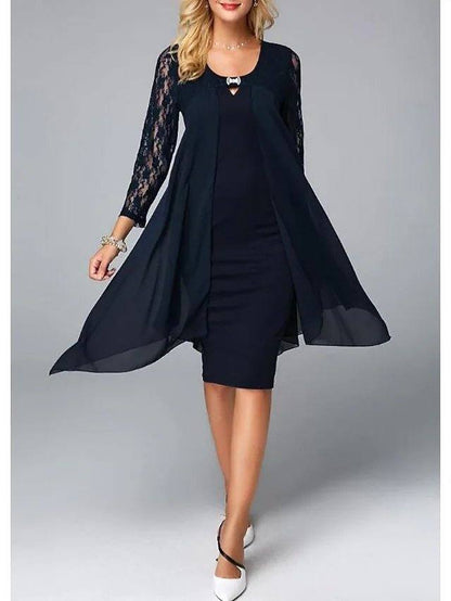 Sheath / Column Mother of the Bride Dress Plus Size Jewel Neck Knee Length Chiffon 3/4 Length Sleeve with Lace Crystals - RongMoon