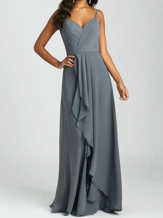 A-Line V Neck Floor Length Chiffon Bridesmaid Dress with Pleats / Ruffles - RongMoon