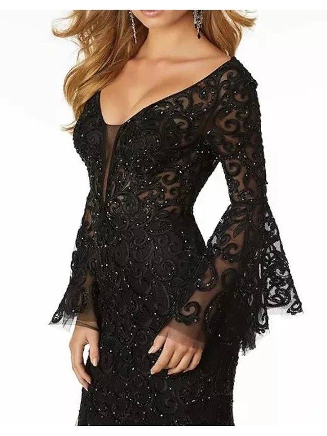 Mermaid / Trumpet Mother of the Bride Dress Elegant Sexy V Neck Floor Length Lace Tulle Long Sleeve with Sequin Appliques - RongMoon