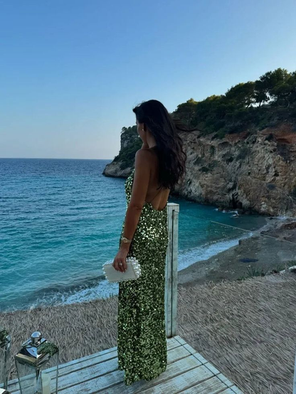 Gorgeous Green Sequins Backless Sheath Evening Dress V Neck Long Party Prom Dress cc2110