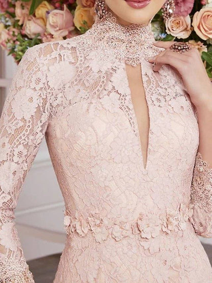 Sheath / Column Mother of the Bride Dress Elegant High Neck Knee Length Lace 3/4 Length Sleeve with Lace Appliques - RongMoon