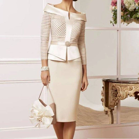 Knee Length Mother Of The Bride Dresses Sheath 3/4 Sleeves Pearls Plus Size Short Groom Mother Dresses For Weddings - RongMoon