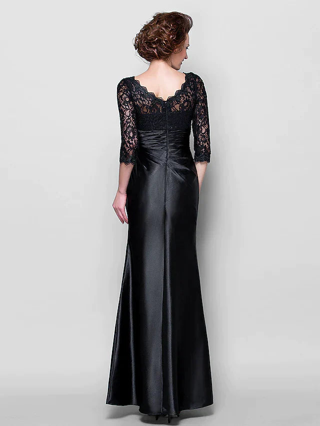 Mother of the Bride Dress See Through Jewel Neck Floor Length Stretch Satin Lace Over Satin Length Sleeve with Lace Ruched Side Draping
