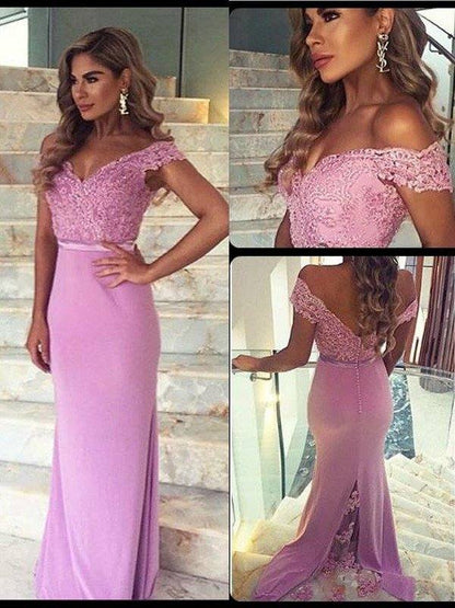 Sheath/Column Off-the-Shoulder Sleeveless Lace Floor-Length Elastic Woven Satin Dresses - RongMoon