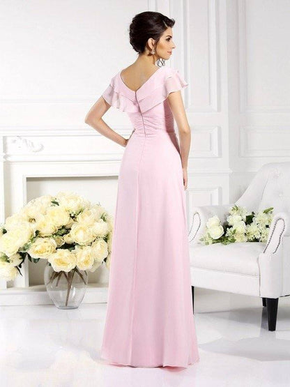 A-Line/Princess V-neck Ruffles Short Sleeves Long Chiffon Mother of the Bride Dresses - RongMoon