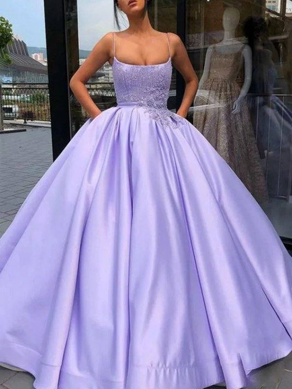 Ball Gown Satin Applique Spaghetti Straps Sleeveless Floor-Length Dresses - RongMoon