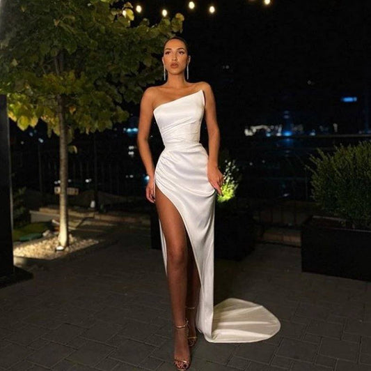Sexy Prom Dresses Sheath Floor Length Satin Slit Dubai Saudi Arabic Long Robe De Soiree Prom Gown Evening Dresses - RongMoon