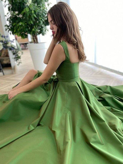 A-Line/Princess Sweep/Brush Train Straps Sleeveless Satin Ruffles Dresses - RongMoon