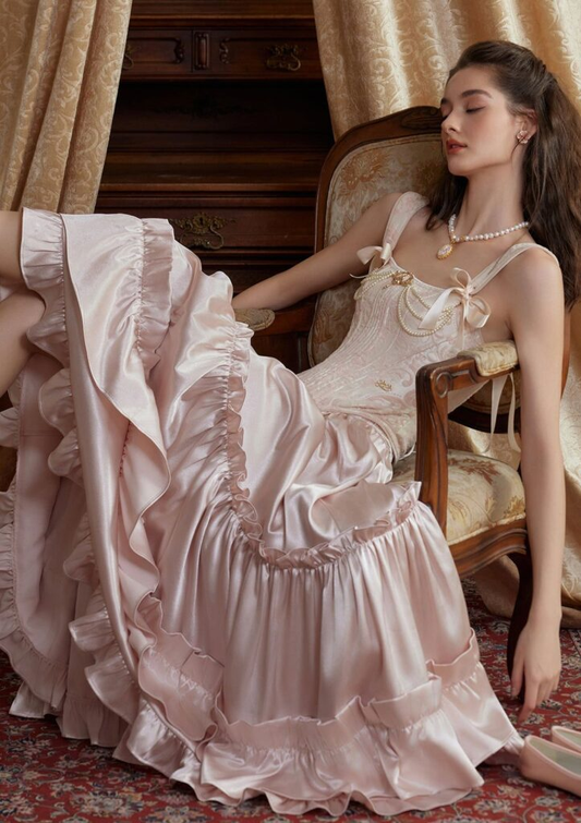 Classy Pink Satin Ruffle A Line Party Dress,Formal Prom Dress cc2823