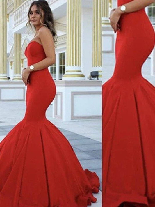 Trumpet/Mermaid Sweetheart Sleeveless Sweep/Brush Train Satin Dresses - RongMoon